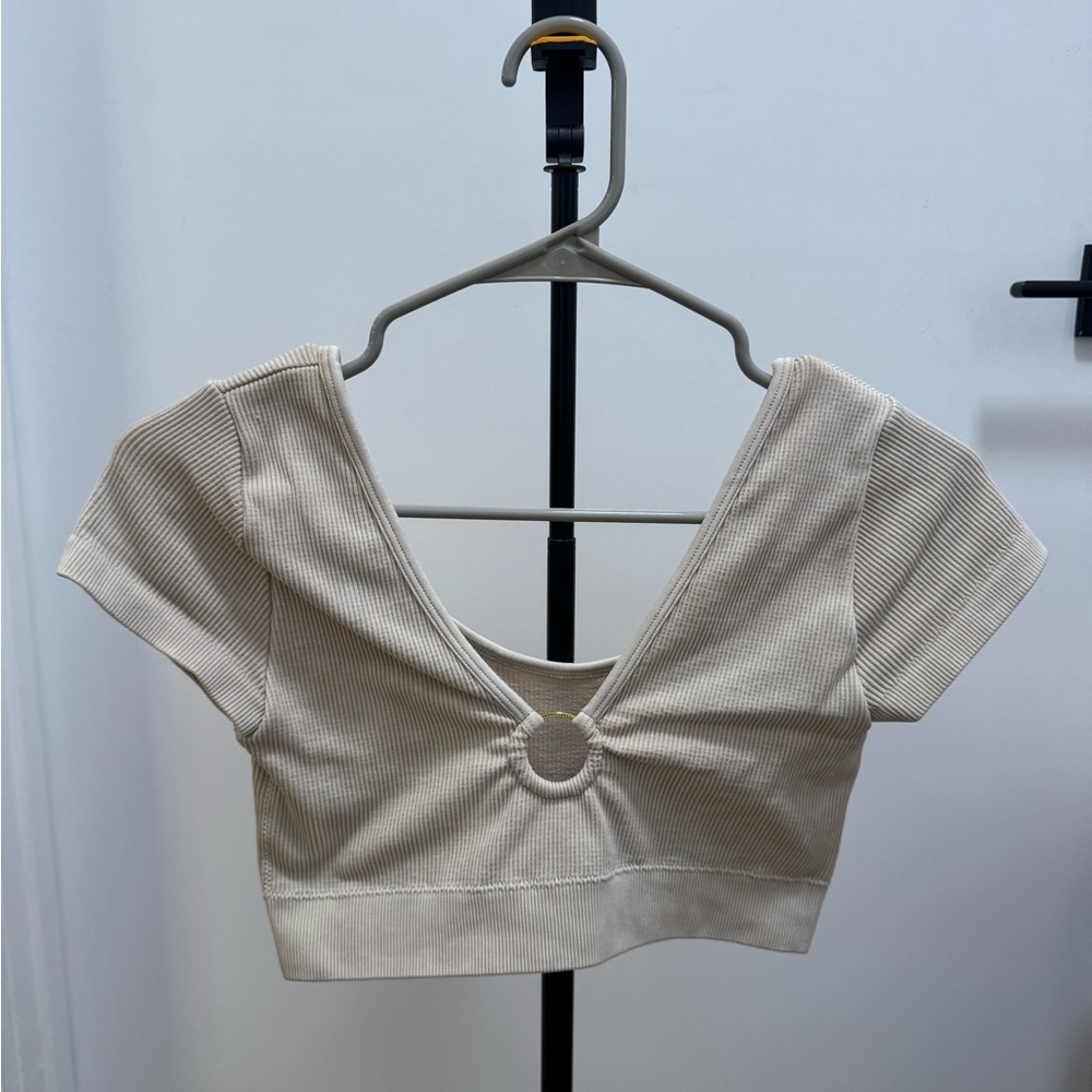 Beige Ribbed V-Neck Crop Top